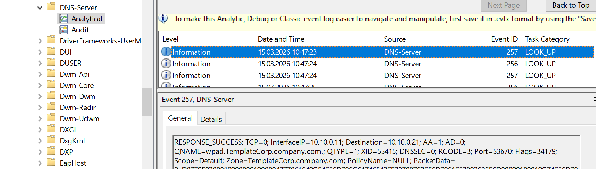 DNS Server Analytical Event Log 