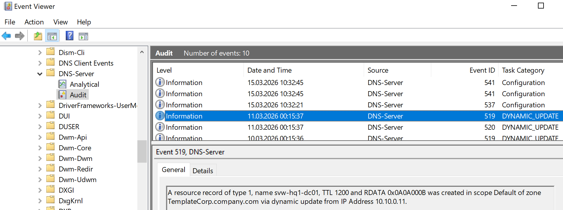 DNS Server Audit Event Log 